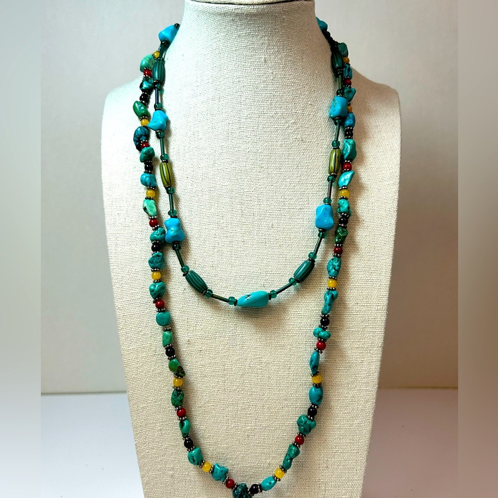 Signed Artisan Crafted African Trade Turquoise Gemstone Beads Lot Two Necklaces